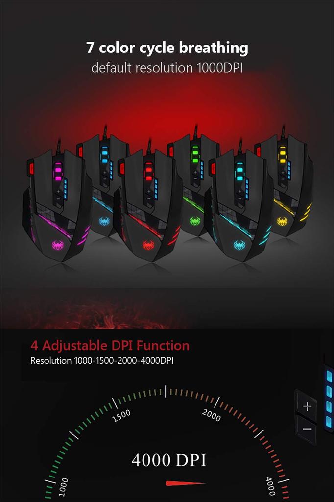 Wscoficey C-12 Wired USB Optical Gaming Mouse, 12 Programmable Buttons, 4 Adjustable DPI, 7 LED Lights