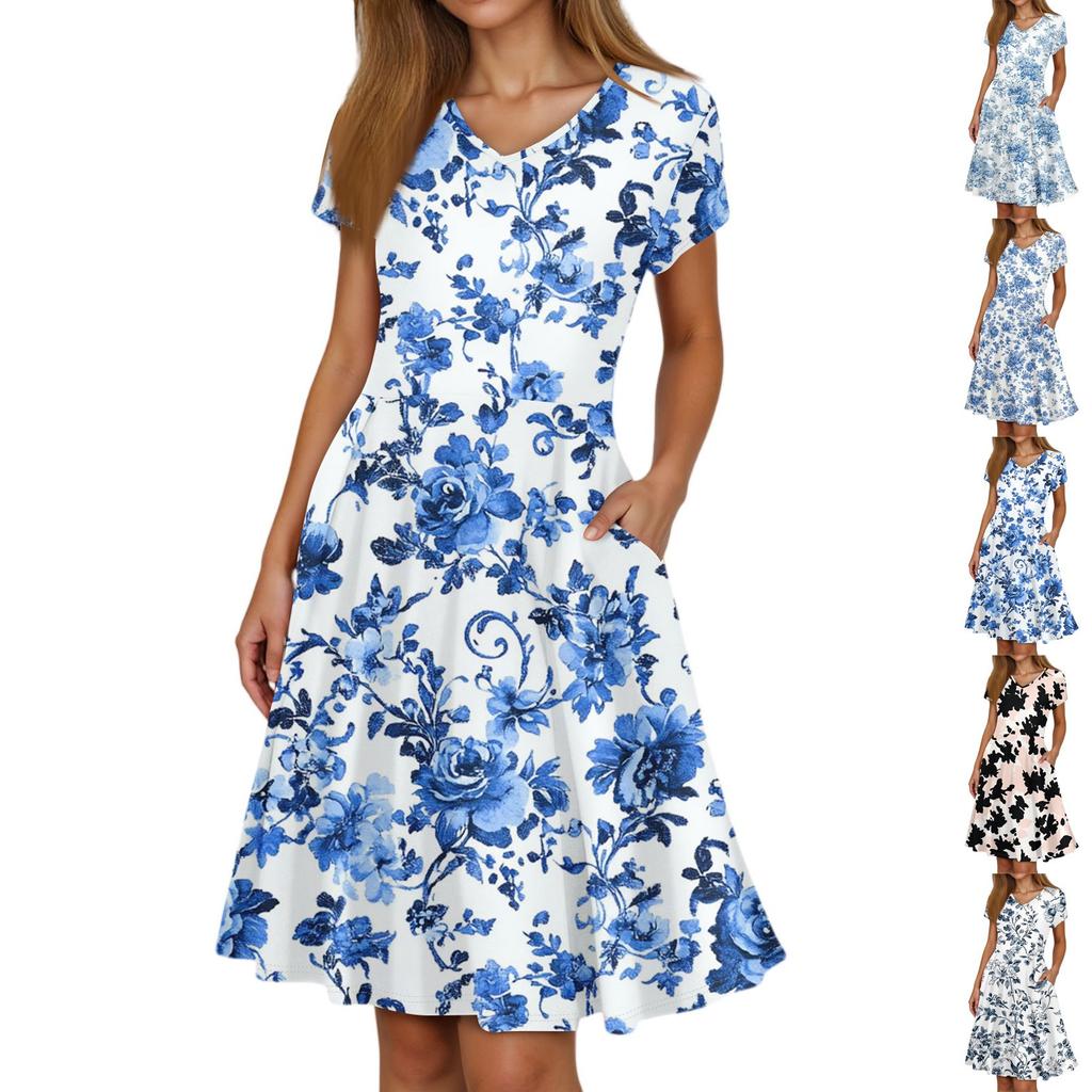 Ladies Summer Fashion Casual Floral Print V-Neck Short Sleeve Pocket Dress