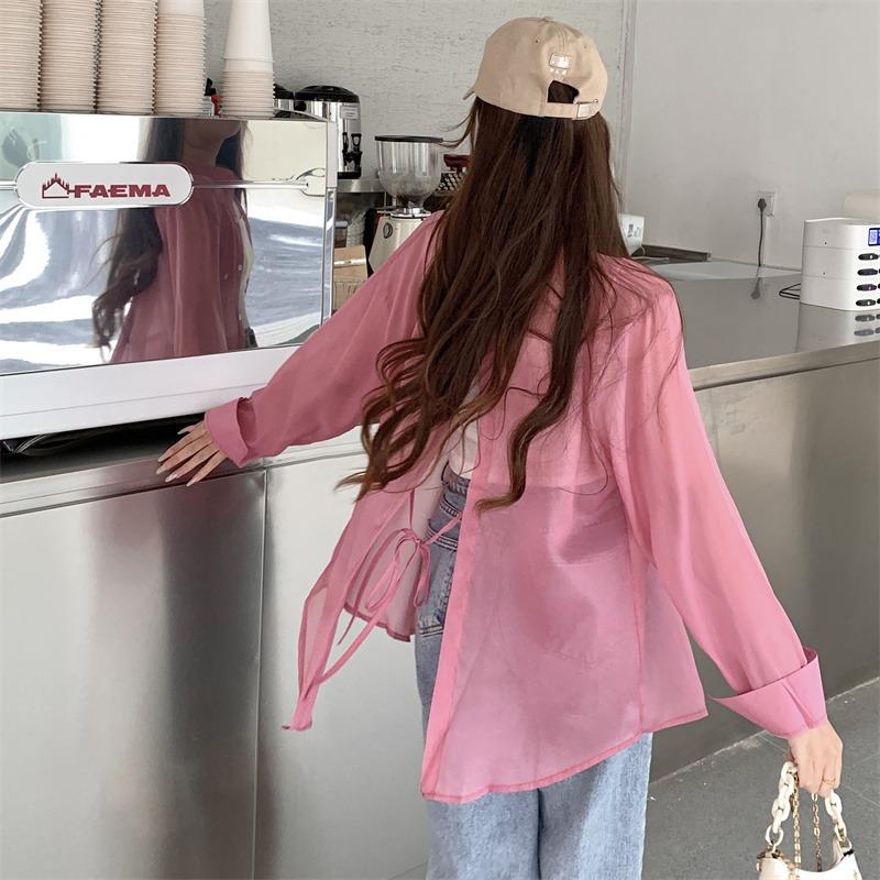 Back Split Lace-up Casual Loose Shirts Women Fashion New See Through Long Sleeve Women's Blouses Thin Breathable Sun Protection Office Lady Tops 26108