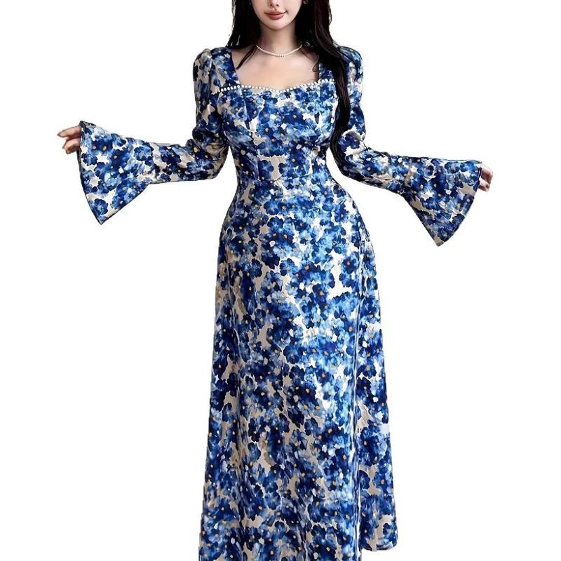 Женское винтажное платье, весеннее, с квадратным воротником, рукавами-фонариками, утягивающее, с большим цветочным принтом