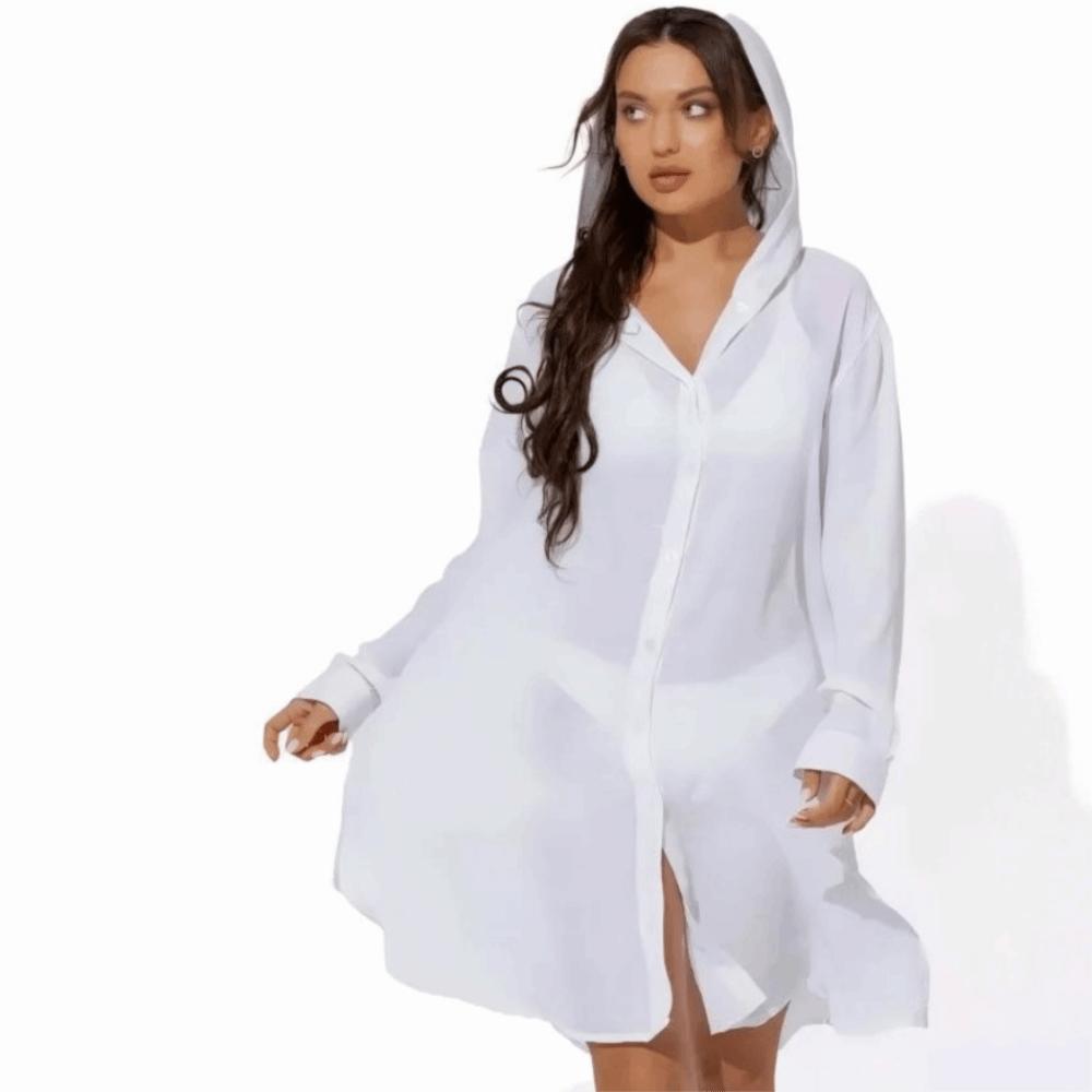 Solid Color Button Down Tunic Dress Long Sleeve Blouse Tops Beach Bikini Cover-up Vacation Outfit