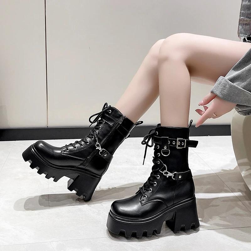 Fashion Comemore Gothic 8.5CM Heeled Platform Women Mid-calf Boots Autumn Winter High Heels Punk Style Women Motorcycle Botines Shoes