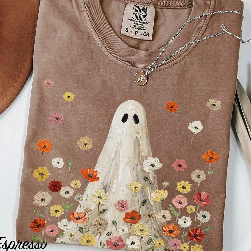 Comfort Colors Wildflower Ghost Shirt, Floral Ghost Tee, Cottagecore Halloween Shirt, Ghost With Flowers, Cute Spooky Shirt, Graphic Tee