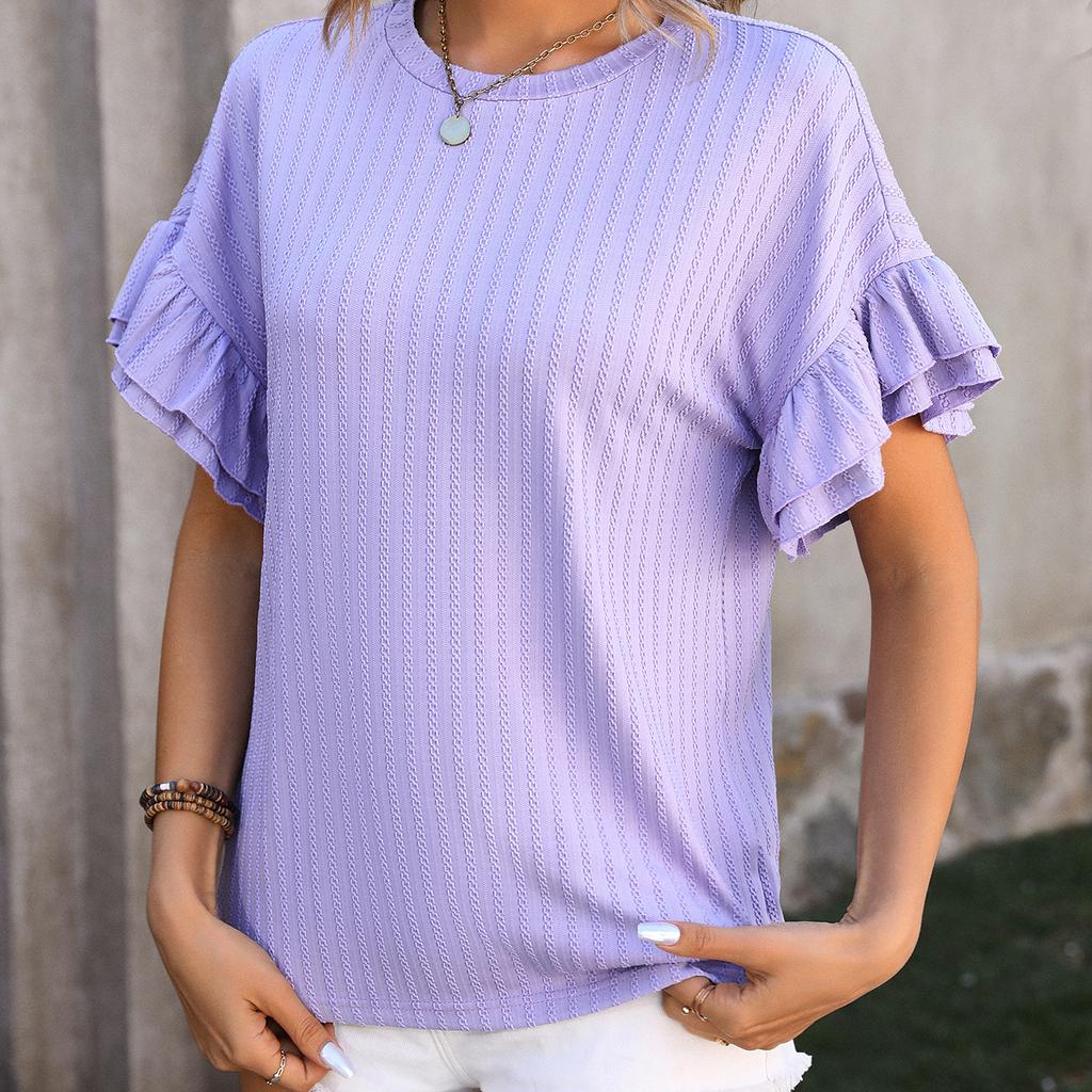 VEZFAA Женские модные повседневные летние весенние однотонные блузки и рубашки с короткими рукавами и круглым вырезом с принтом