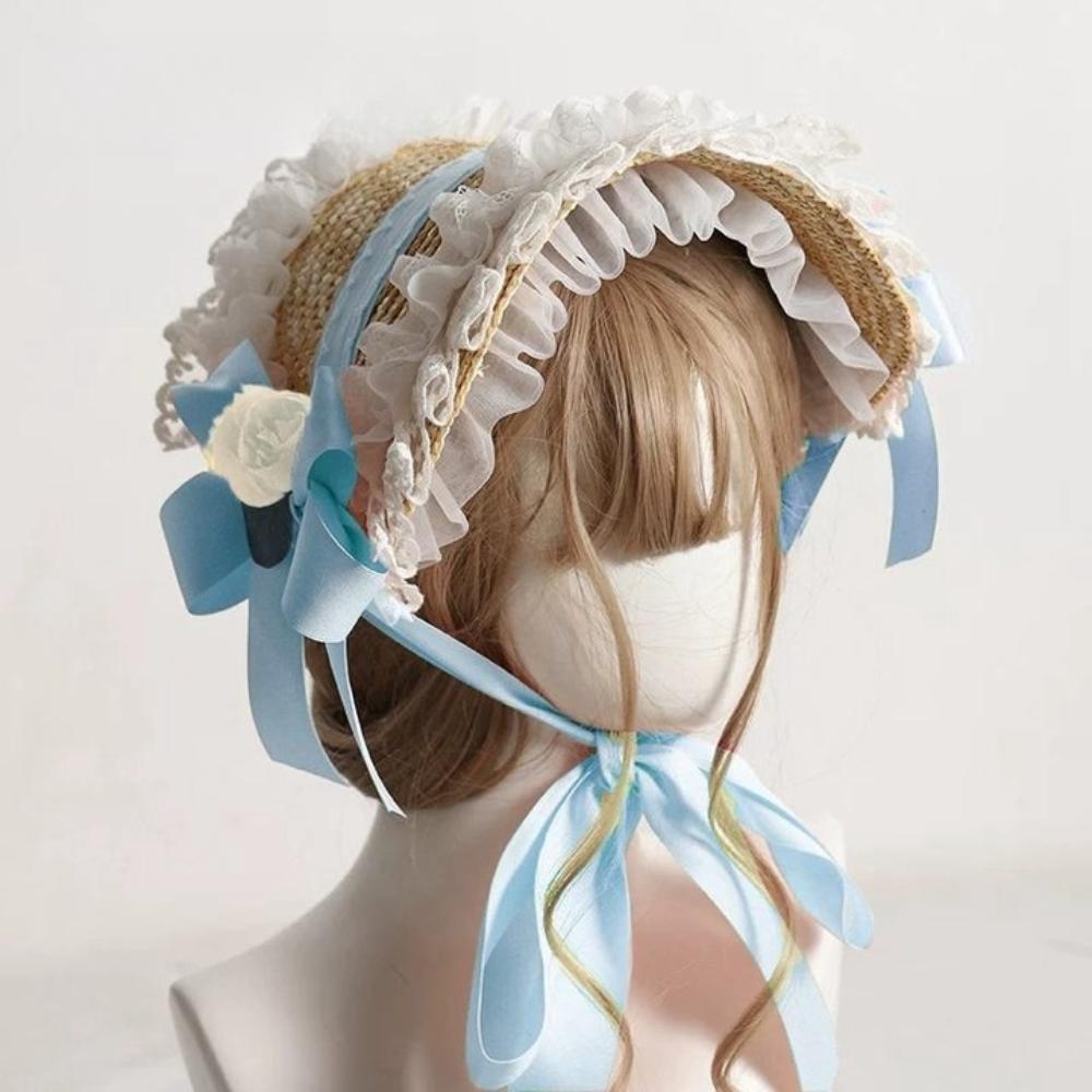 Лолита боннет с плоским верхом, пасторальный стиль, бант, лента, цветочная шляпка, мягкая лолита, соломенная шляпа, пляжный отдых