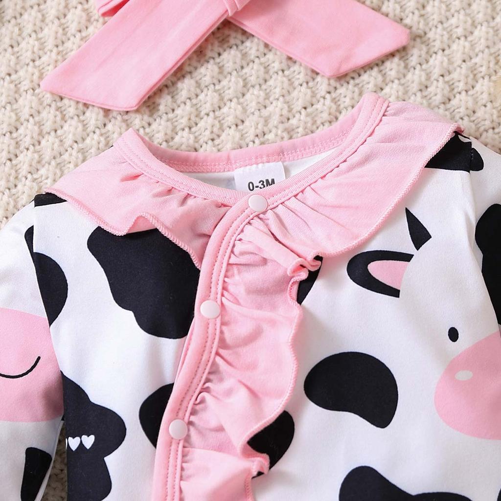 Infant Girls Ruffled Long Sleeve Romper Spring Autumn Cow Print Baby One piece Crawling Jumpsuit Fashion Comfortable Infant Bodysuit