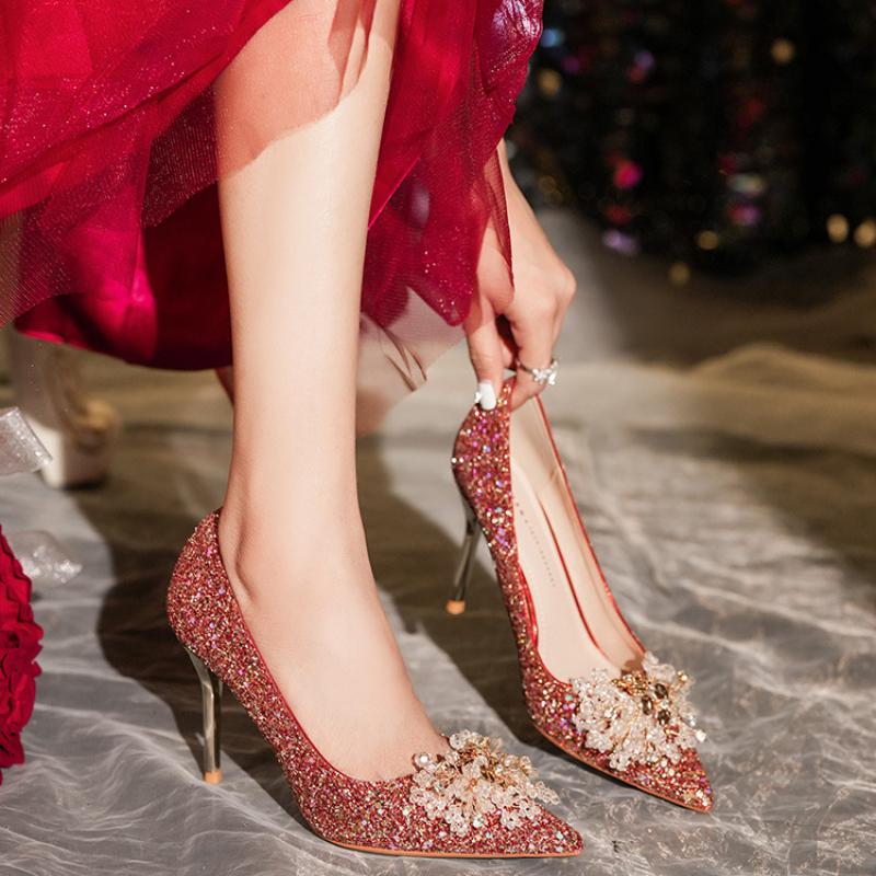 Туфли на высоком каблуке со стразами и бантом, блестящие красные свадебные туфли для невесты, женская обувь для банкета, изысканные туфли на высоком каблуке класса люкс, туфли-лодочки