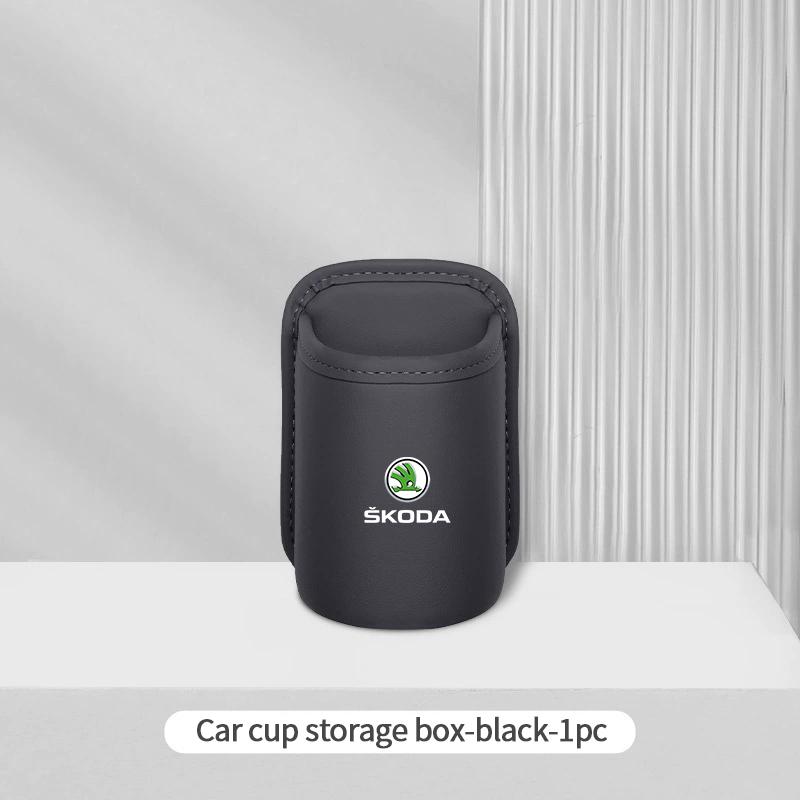 HIAQ2 Leather Car Door Side Water Cup Holder Interior Storage Box For Skoda Superb Octavia Rapid Karoq Enyaq Fabia Kamiq Yeti Scala