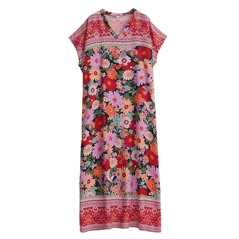 Женское летнее бохо макси-платье с V-образным вырезом C, струящийся винтажный принт, вискозный кафтан, свободного кроя, пляжная накидка