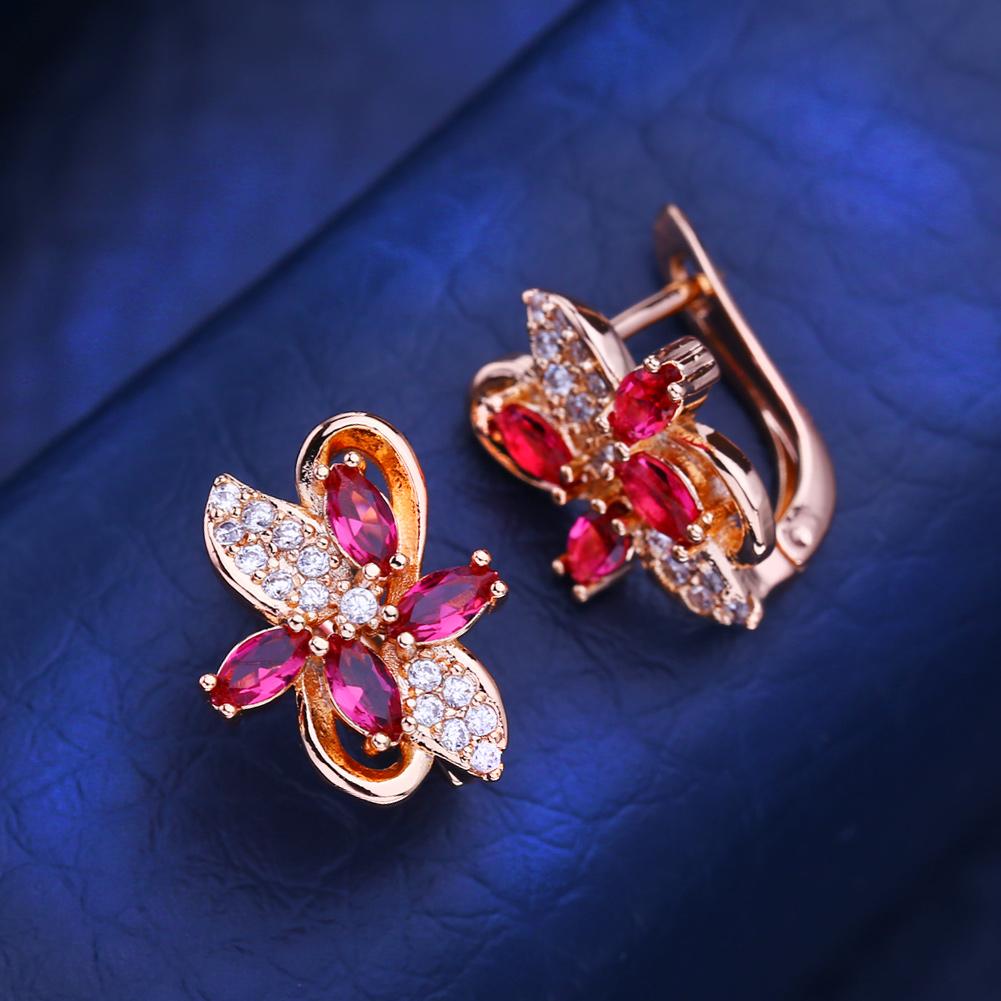 KNIKOO Red Clip Earrings For Women Cubic Zirconia Fashion Leaf Stud Earrings Jewelry For Wedding Party Gifts