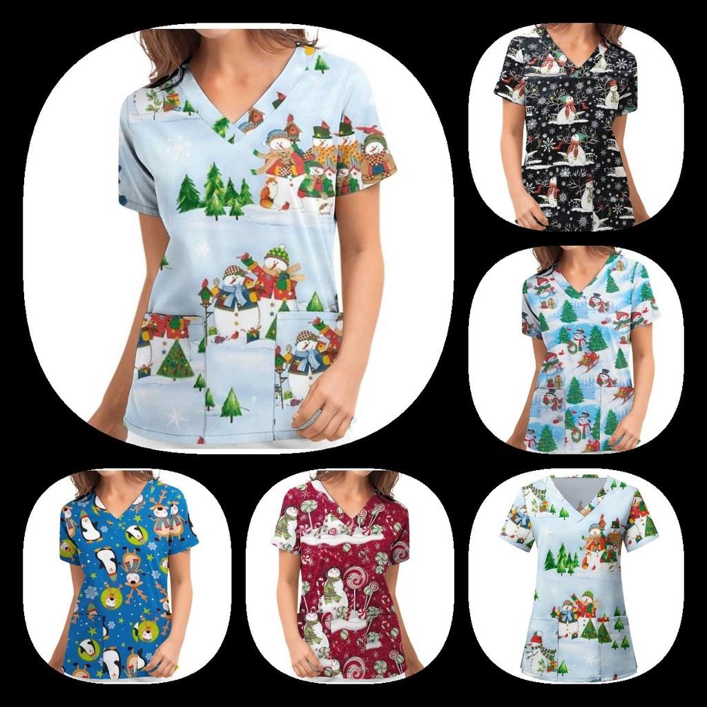 Женские рождественские скрабы с принтом, униформа, медицинские топы, рубашка с цветами, одежда