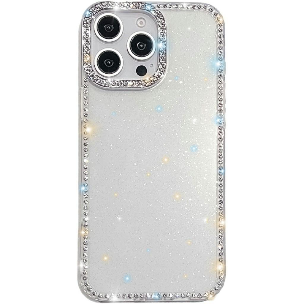 For iPhone 15 Pro Max Case Rhinestone Edge Glitter Back TPU+PC IMD Phone Cover