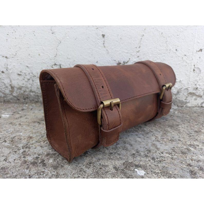 Leather Bag Motorcycle Pouch Brown Saddle Buffalo Leather Bag Bike Small Tool Bag Front Fork Handlebar Leather Saddlebag Pouch