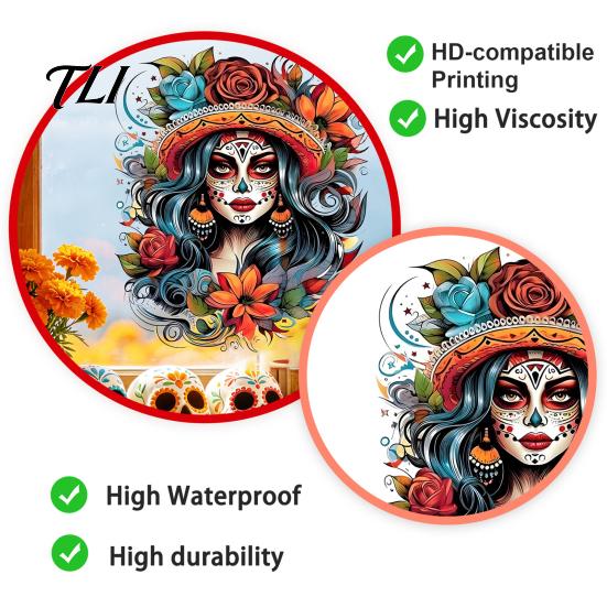 Easy Peel And Stick Glass Stickers Day of The Dead Women Static Window Stickers, Colorful Floral Woman Waterproof PVC Film Decals, Decorative
