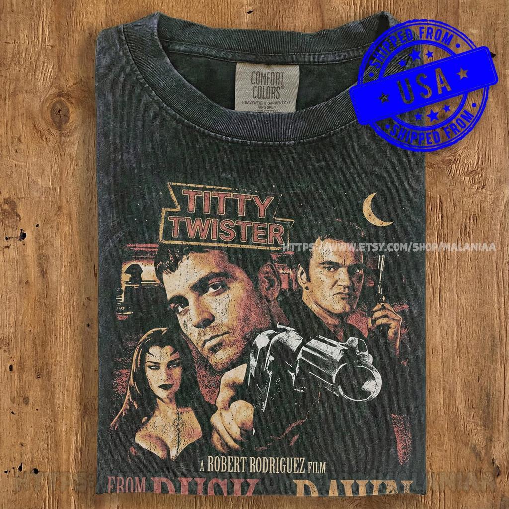 Винтажная футболка «От заката до рассвета» | Неоновый принт «Titty Twister», Футболка с изображением Джорджа Клуни и Тарантино, 90-е, Тяжелая футболка Comfort Colors