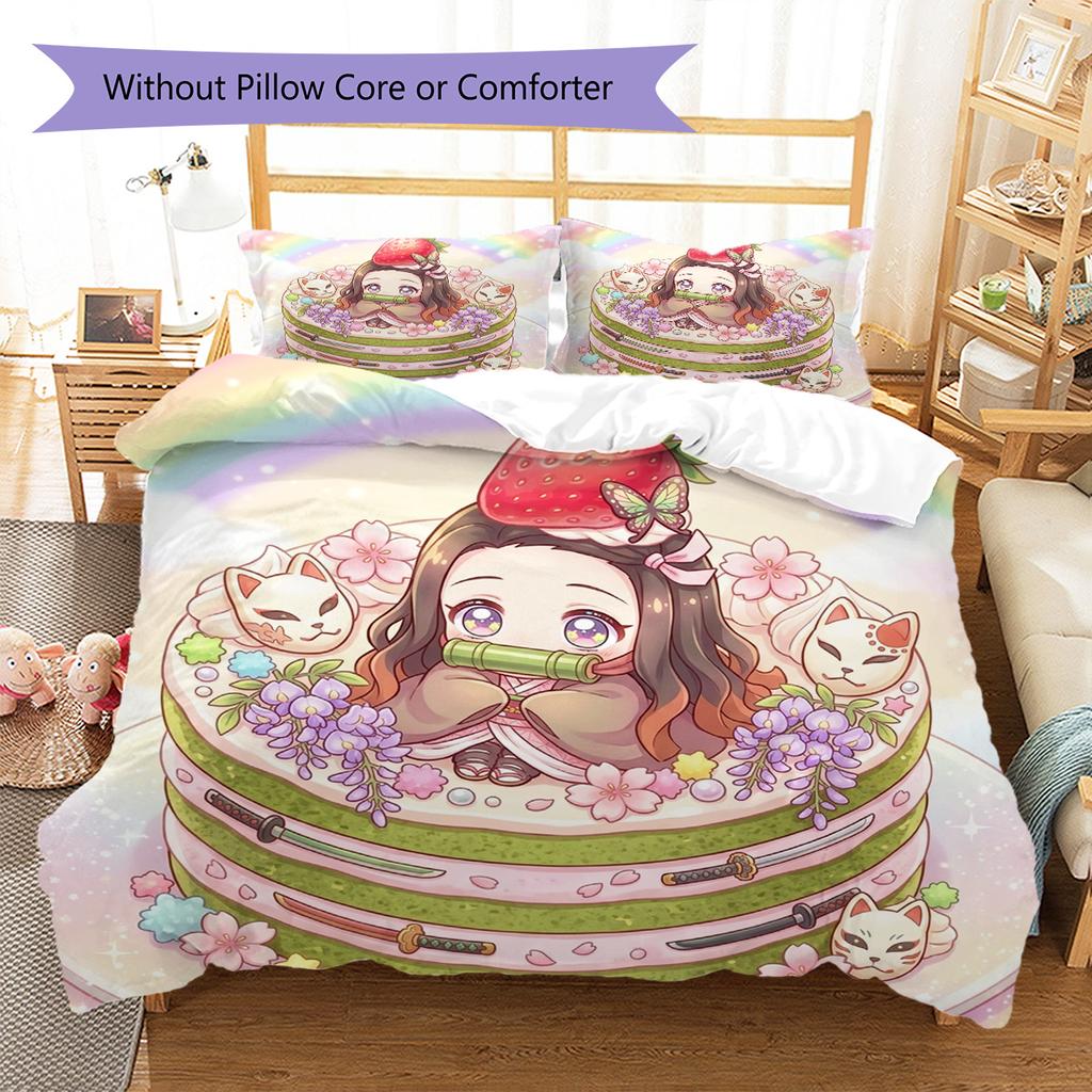 Demon Slayer Tanjiro Pattern Bedding Quilt Set Quilt Cover Pillowcase Home Decoration Birthday Gift (1 * duvet cover + 2 * pillowcase, without core)