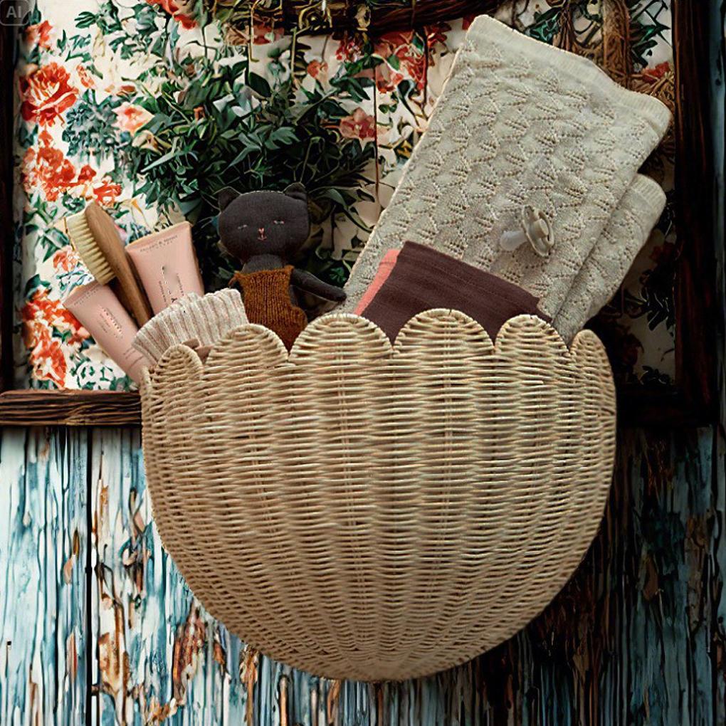 Woven Wall Hanging Basket Kitchen Imitation Rattan Decorative Magazines Storage for Planter Bathroom Towels Balcony Restaurant