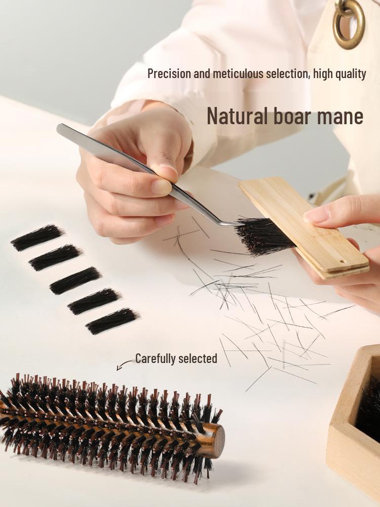 2025 Wooden Boar Bristle Anti-Static Curling Comb for Women's Long Hair - Round Barrel Hair Styling Roller