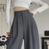 Women's Gray High-Waist Double Button Wide-Leg Trousers - Slim, Loose-Fit for Spring & Autumn