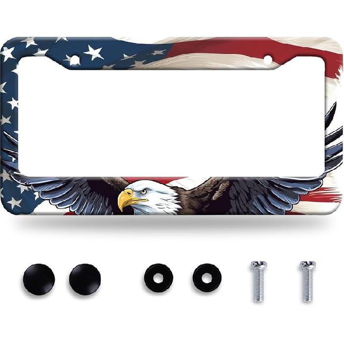 n Flag Eagle License Plate Frame Patriotic Eagle License Plate Colorful Stainless Steel Auto Parts Funny License Plate Decoration with Screws Size