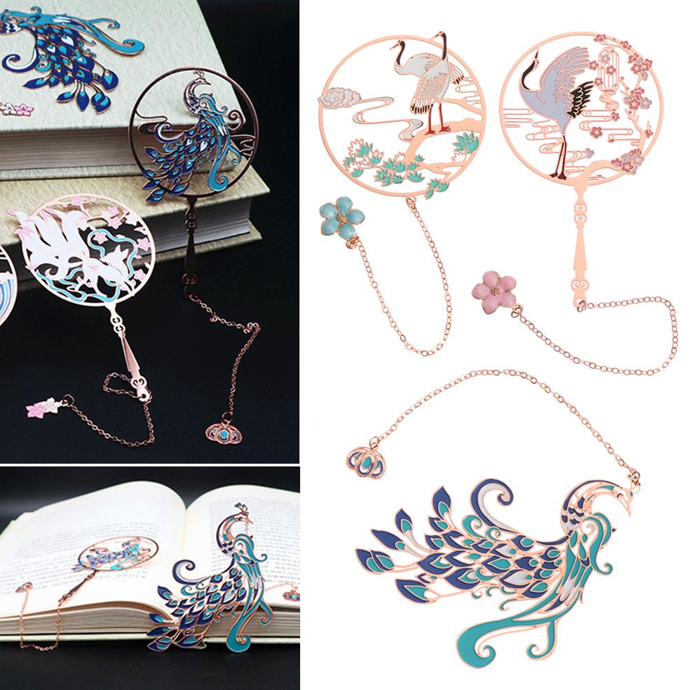 Chinese Style Koi Pendant Peacock Tassel Brass Bookmark Group Fan Shape Book Clip Pagination Mark