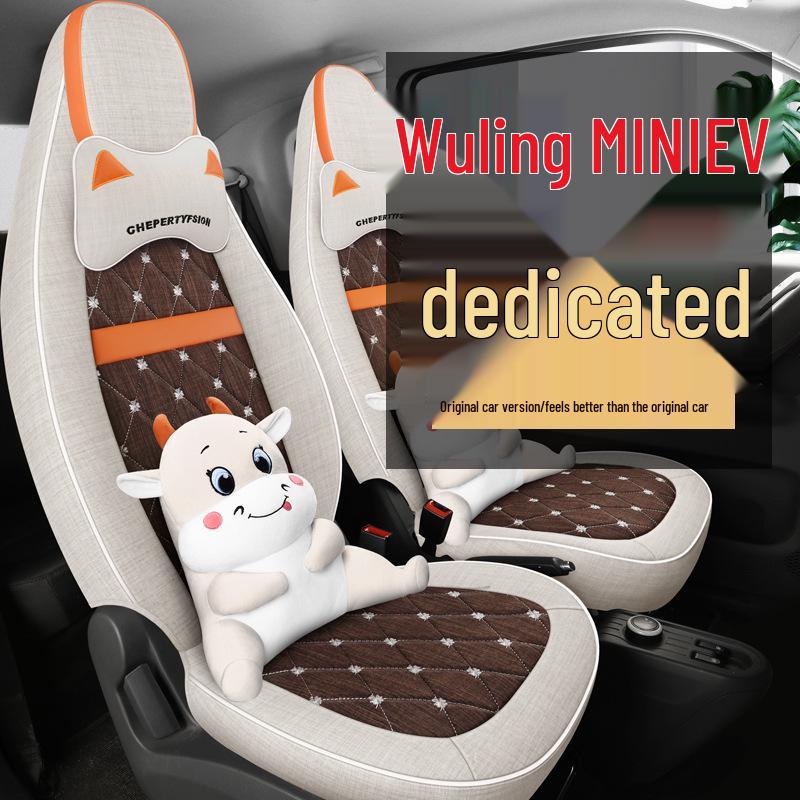Cartoon Linen Seat Cover for Wuling Hongguang MiniEV Macaron – Full Wrap Interior Cushion