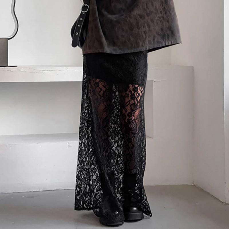 2026 Womens Sexy Hollow Lace A-Line Long Skirt Elegant Black Party Dress