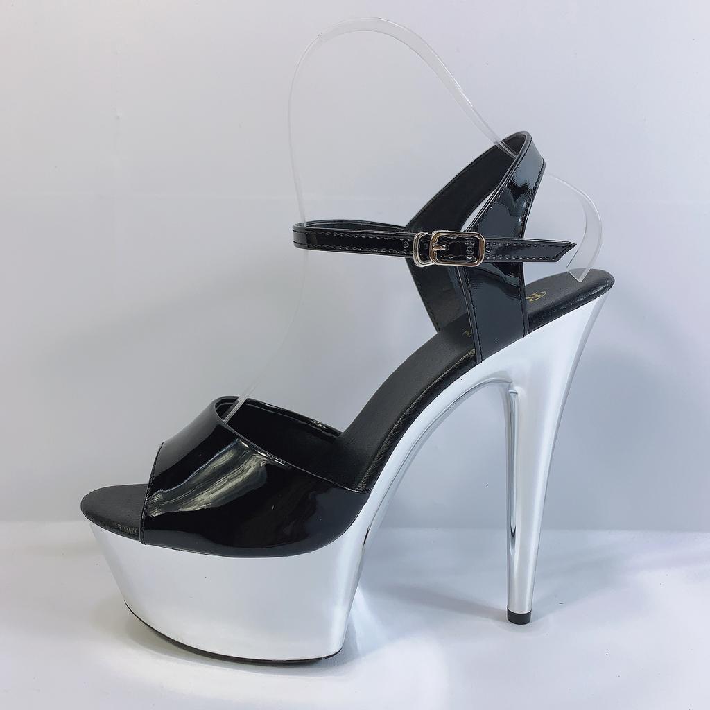 Mclubgirl Women's Shoes Summer Fairy Solid Thin Heel Open Toe Buckle Black Super High Heel Sandals 15cm Heel 5cm Platform YKC