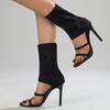 Black Roman Elastic Fabric Women Sandals Sexy Peep Toe Slip-On Thin High Heel Mid Calf Cool Boot Booties Modern Shoe Black