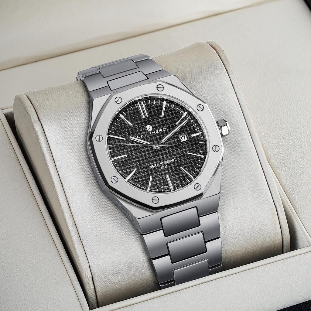 Часы SAPPHERO Восьмиугольные из нержавеющей стали Водонепроницаемые Люминесцентные Наручные часы Роскошные Аналоговые Кварцевые часы Дата Платье Деловые часы Повседневный Роскошный Дизайн