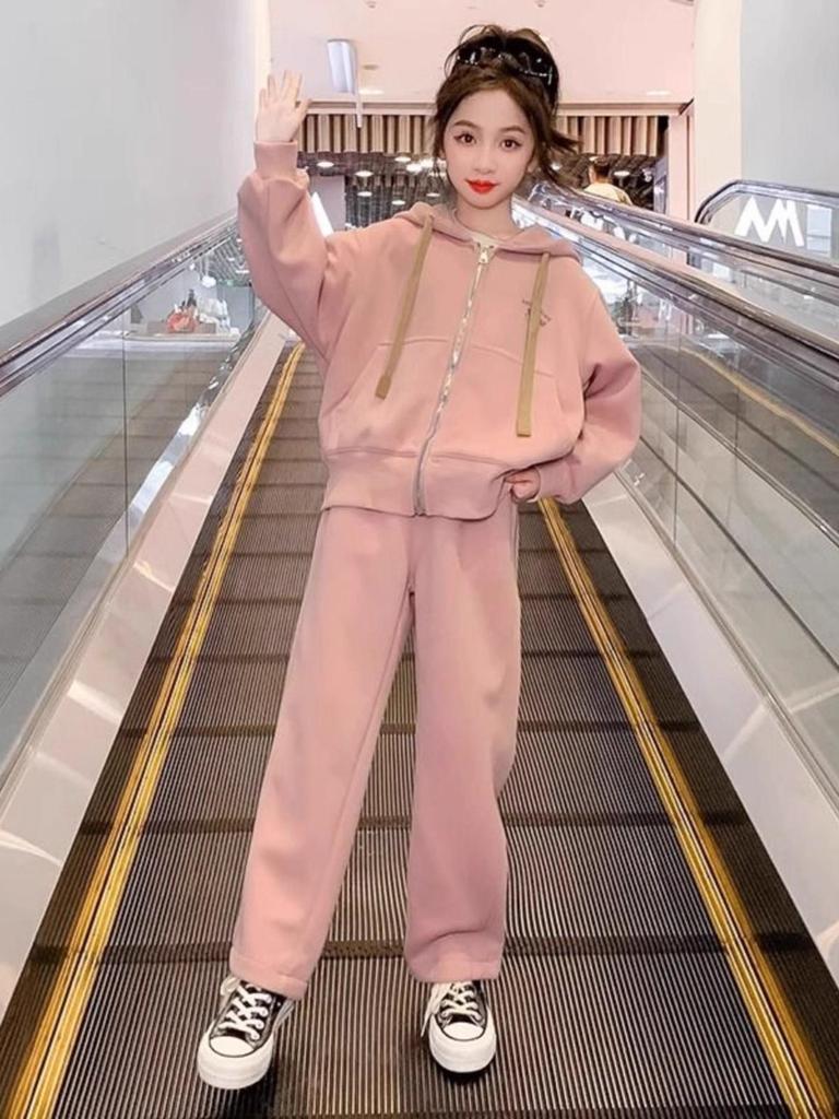 Осенний спортивный комплект для девочек: Худи и брюки широкого кроя, двухпредметный комплект