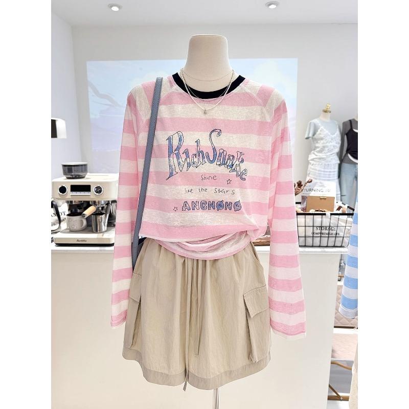 Модная блузка из тюля с круглым вырезом, в полоску с принтом, для защиты от солнца, футболка с длинным рукавом, женский универсальный свободный топ