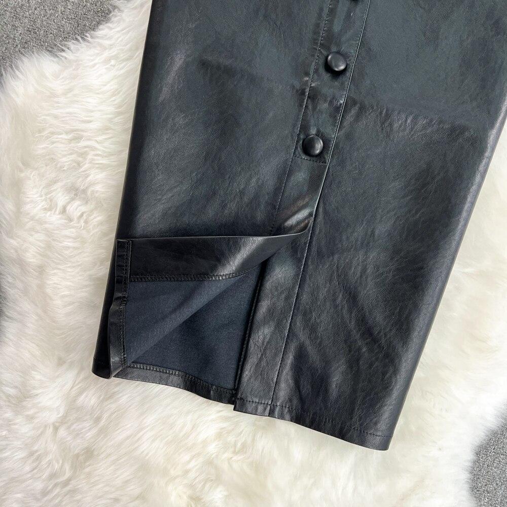 Осень и Зима Ретро Темперамент Высокая Талия Тонкий Пакет Бедра Однобортный Длинный Разрез Открытая Вымытая Кожа Юбка Половинной Длины