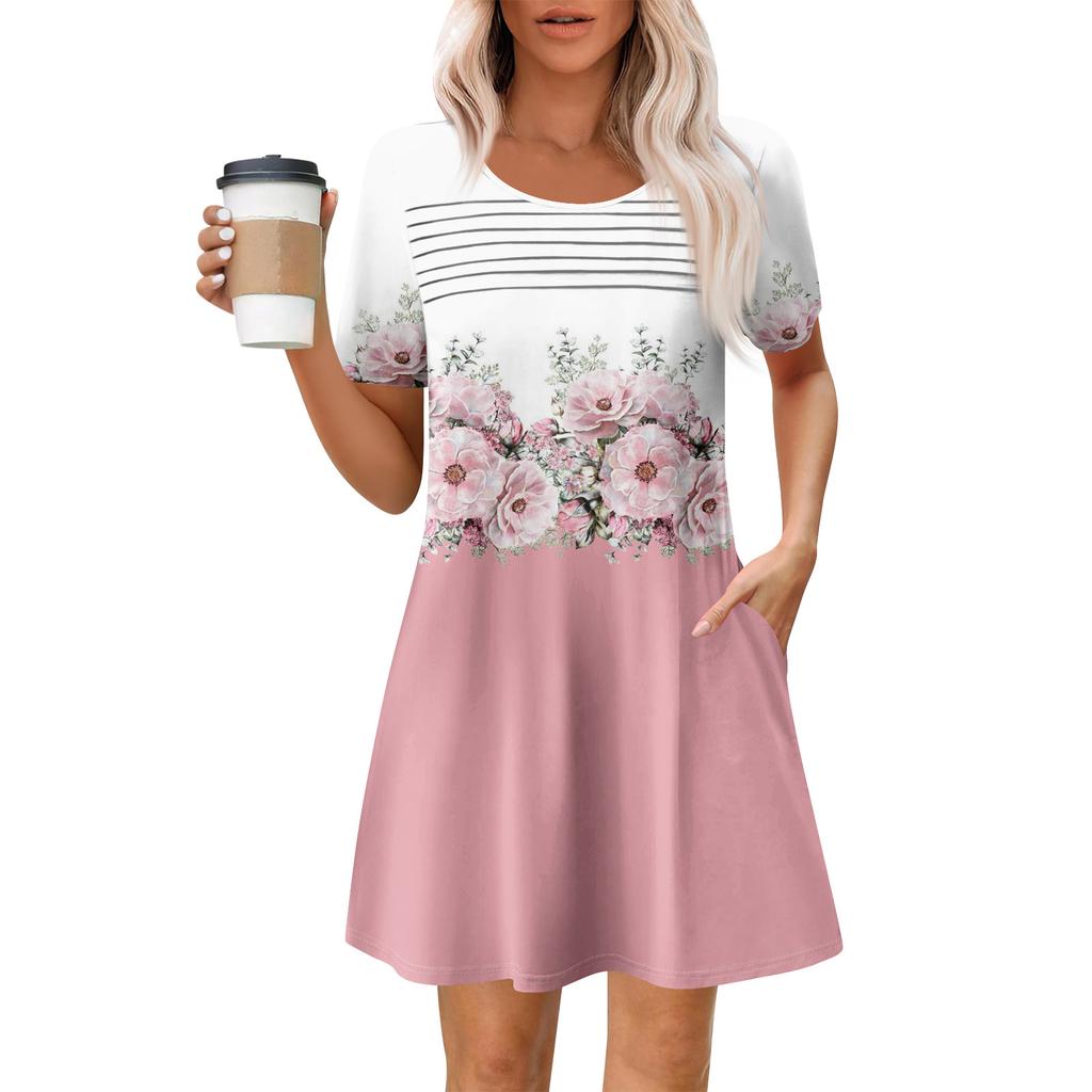 Женские летние повседневные платья с круглым вырезом, плиссированные, с карманами, с принтом, с коротким рукавом