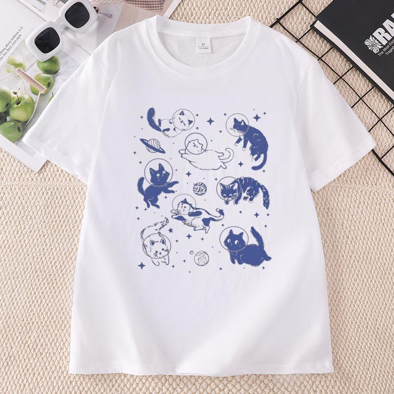 Cats In Space TShirt Causal Round Neck Printed Graphic Vintage T Shirt Cat Lover Tee Cotton Short Sleeve Graphic T Shirts