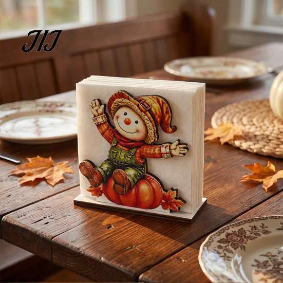 Thanksgiving Dinner Table Accessories Fall Scarecrow Wooden Napkin Holder, Harvest Pumpkin Decorative Stand for Kitchen Dispenser, Farmhouse Tabletop