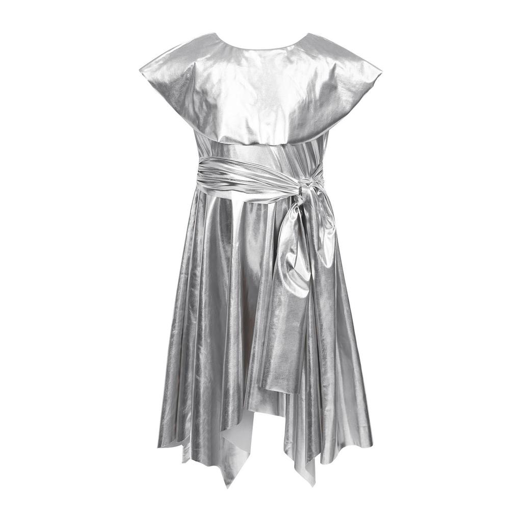 Girls Praise Dance Metallic Tunic Asymmetrical Hem Belted Choir Dress Performance Gown