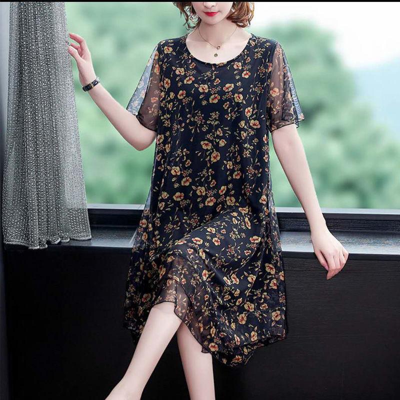 Women's Spring Summer Vintage Embroidered Large Size Women's Loose Mesh Large Size Short Sleeve Dress Printed Casual Dress