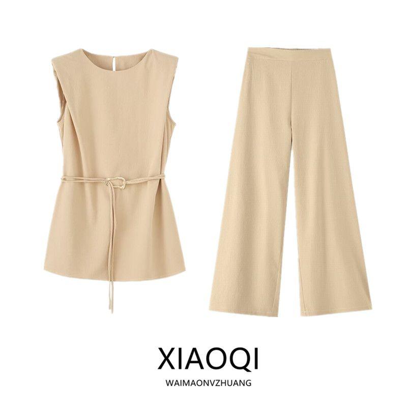 Fashion Style 2024 Autumn New Women's Clothing with Belt Round Neck Sleeveless Waist-Controlled Top Pants 3897069