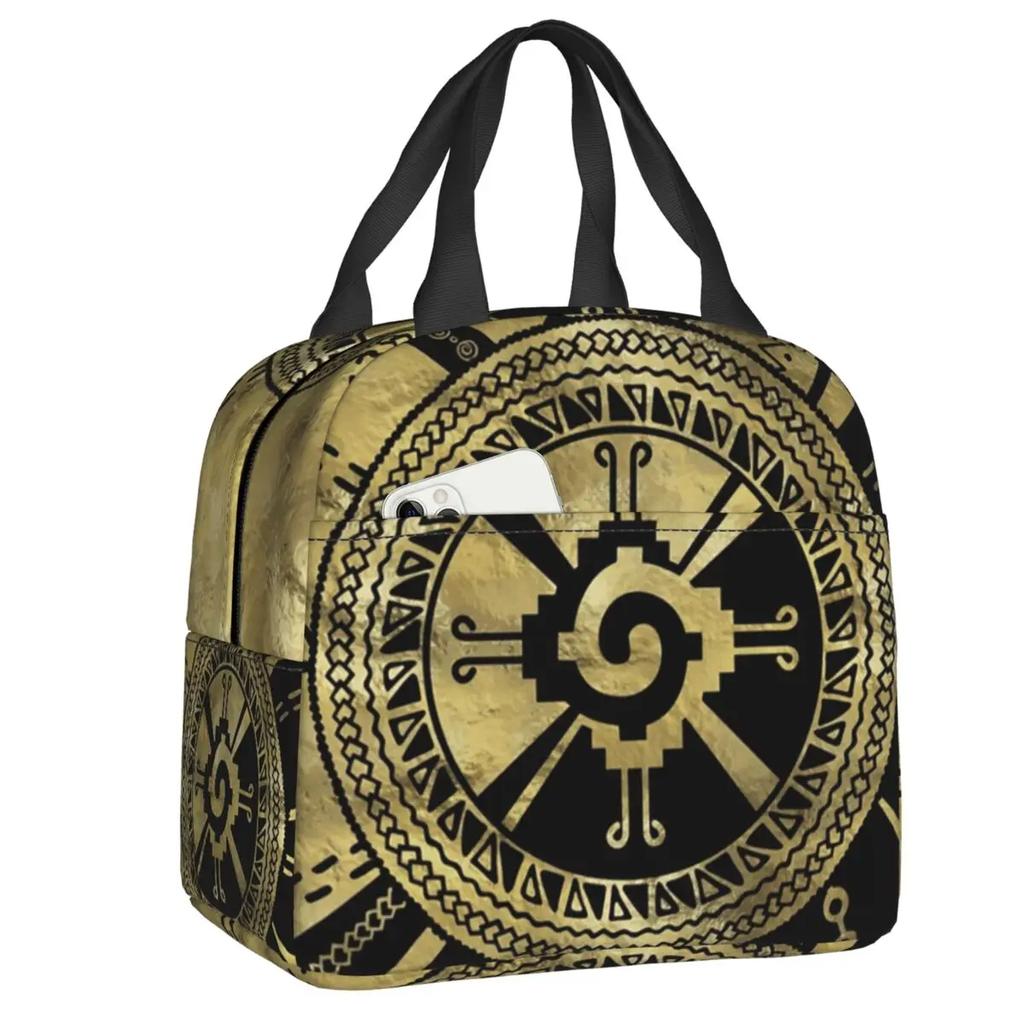 Mayan Aztec Hunab Ku Gold On Black Insulated Lunch Bag for Women Portable Cooler Thermal Lunch Box Beach Camping Travel