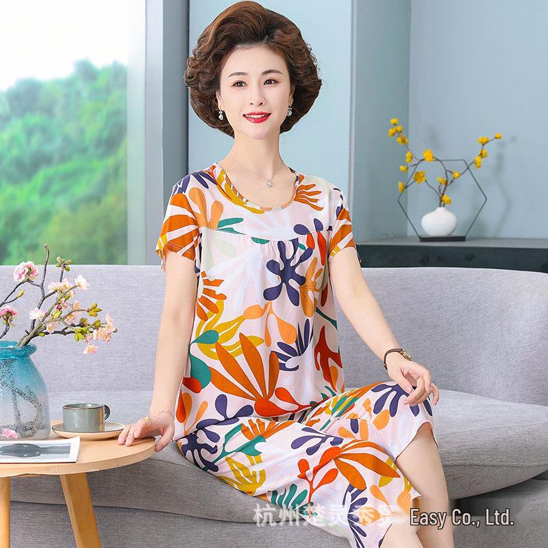 Женский летний хлопковый пижамный комплект больших размеров для женщин среднего и пожилого возраста - Домашняя одежда с короткими рукавами, подходящая для ношения на улице