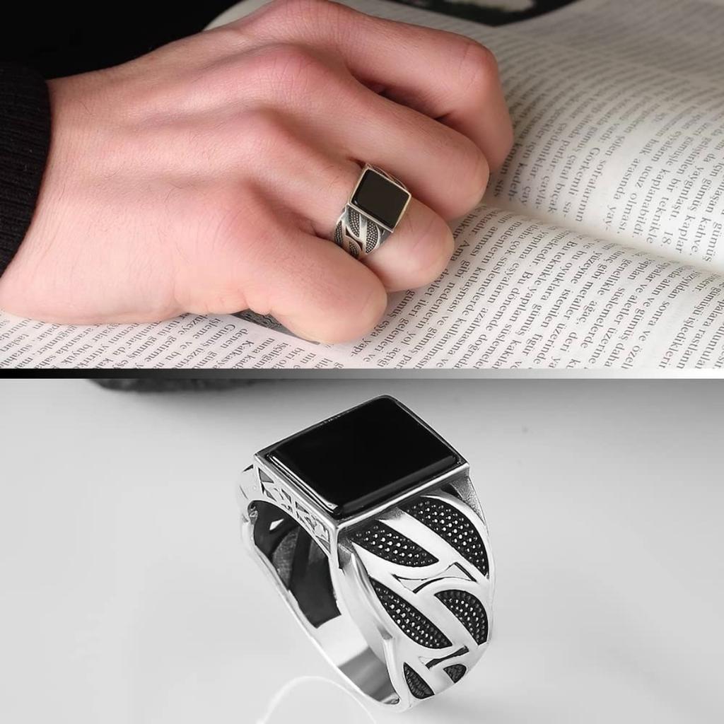 Men's Ring, Simple Square Diamond, Black Men's Ring, Striped Ring