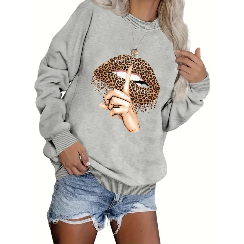 Plus Size Leopard Lip Print Crew Neck Pullover, Casual Long Sleeve Sweatshirt for Fall and Winter, Women's Plus Size Clothing