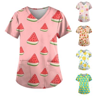 Женские топы с v-образным вырезом и короткими рукавами с принтом, рабочая блузка с карманами и фруктовым принтом
