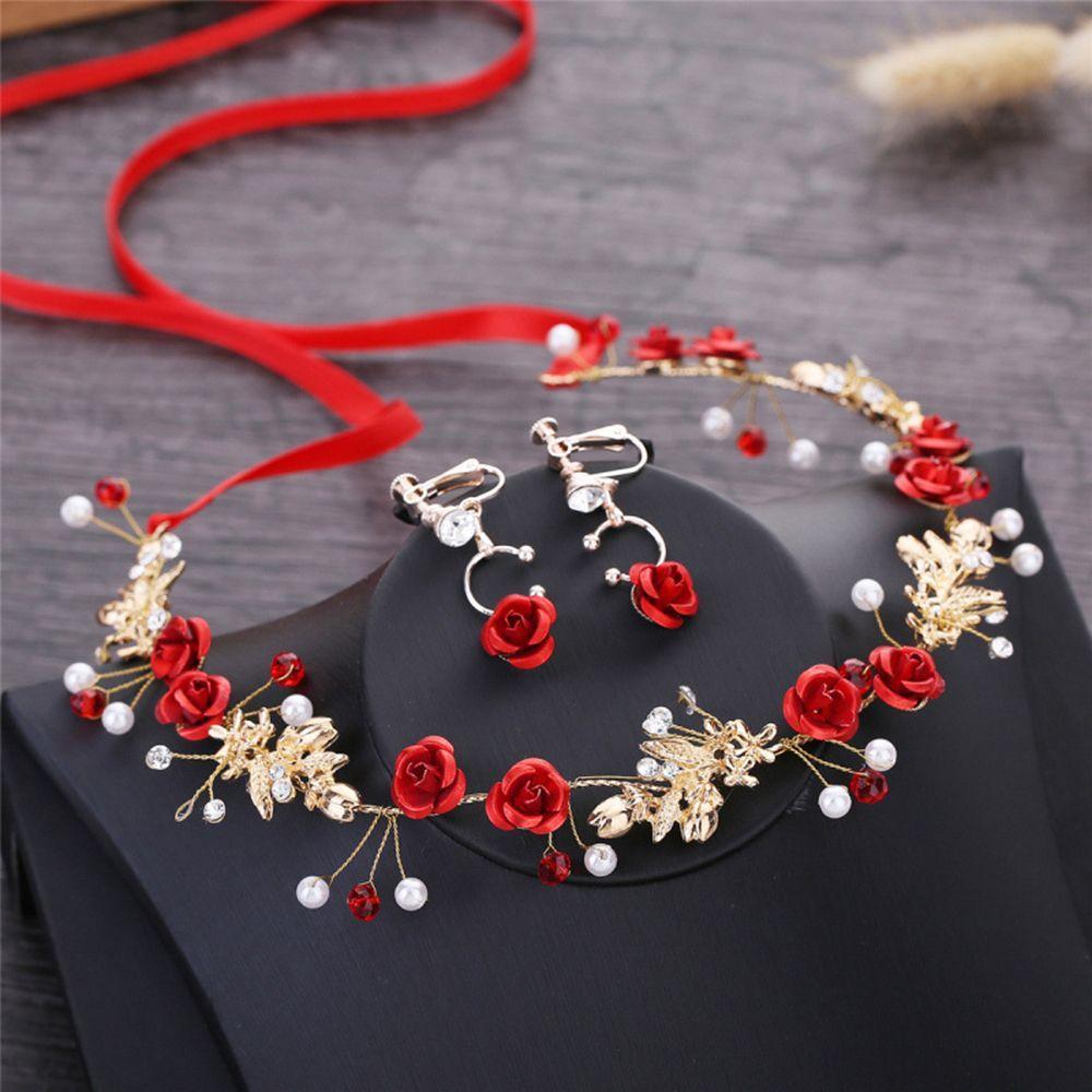Headdress Tiaras Crown With Ribbon Bridesmaid Headband Pearl Bride Hairband Earring Set Crystal Red