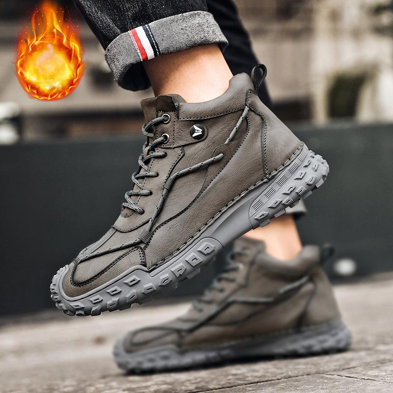 38-46 Модные зимние ботинки для мужчин, плюшевые кожаные ботинки с ручным швом, высокие походные ботинки, нескользящие, теплые, мужские ботинки, большие