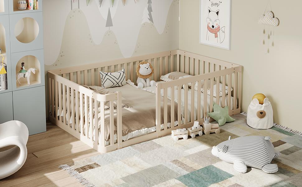 90x200 Wooden Bed Frame with Fence, Cream