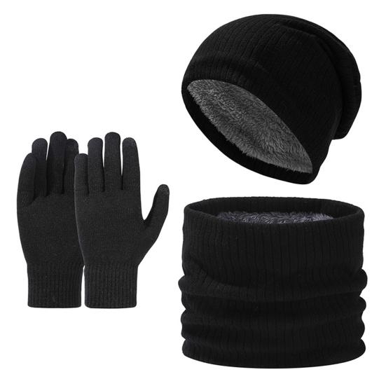 Yousheng 3 Pcs/Set Unisex Winter Hat Scarf Gloves Set Thick Knitted Ear Protection Cap Gloves Stretchy Windproof Winter Outdoor Cycling Dome Beanie