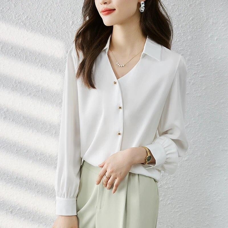 Модная шифоновая блузка с отложным воротником, женские офисные рубашки на пуговицах, женские топы с длинными рукавами, элегантная одежда 29978
