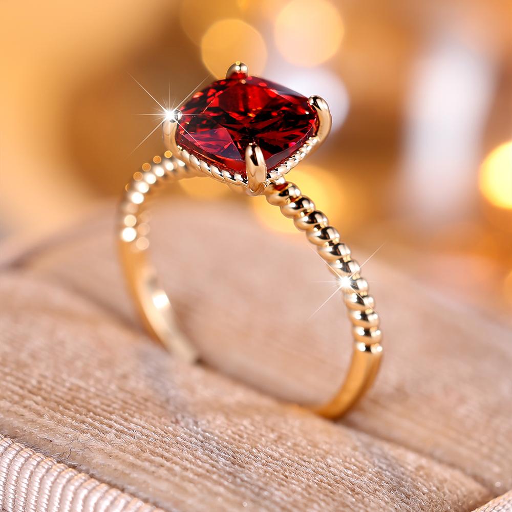 Gold Rings for Women Square Cut Red Cubic Zirconia Ring Wedding Band Engagement Bridal Jewelry